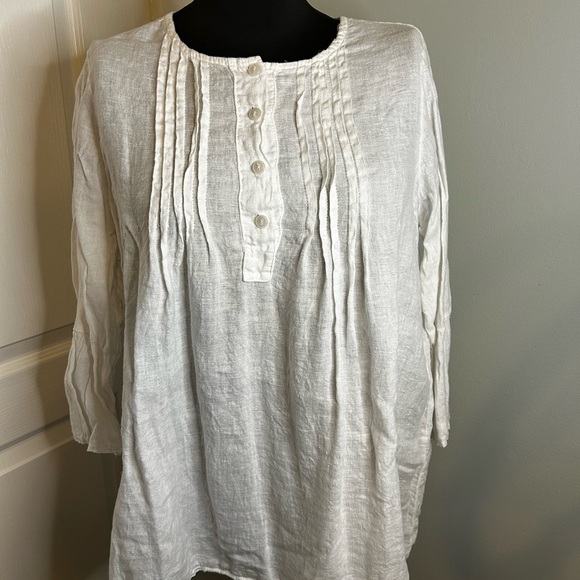 Cream Boxy Linen Blend Flutter Sleeve Tunic with Mandarin Button Collar Pleats L - Picture 1 of 5